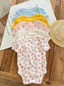 SHEIN LMoss Kids 5件套新生女宝宝夏季可爱针织碎花波点卡通印花短袖连体衣套装 - 彩色 - 查看 5