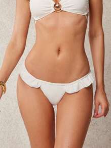 L'Amorae Bottom de bikini elegante y romántico con detalles plisados y volantes en los tirantes para vacaciones - Blanco - Ver 3