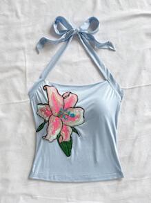 Soleia 全新度假休闲优雅音乐节可爱花朵亮片刺绣挂脖系带背心，淡蓝色上衣 - 藍色 - 查看 3