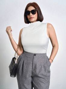 Chikora Áo không tay cổ xếp ly màu trơn cỡ lớn, thanh lịch cho mùa hè - trắng - Xem 4