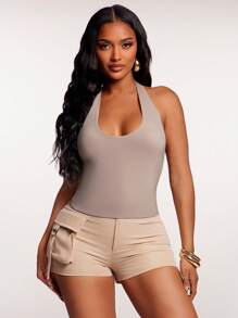 SHEIN SXY Women's Sexy Solid Color Backless Halter Top, Summer - Khaki - View 8