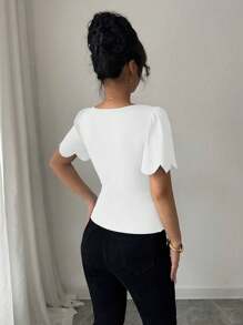 Elenzga Top court évasé à manches évasées avec bordure en coquillage de couleur unie style français, T-shirt ajusté à col carré et manches bouffantes élégant - Blanc - Voir 2
