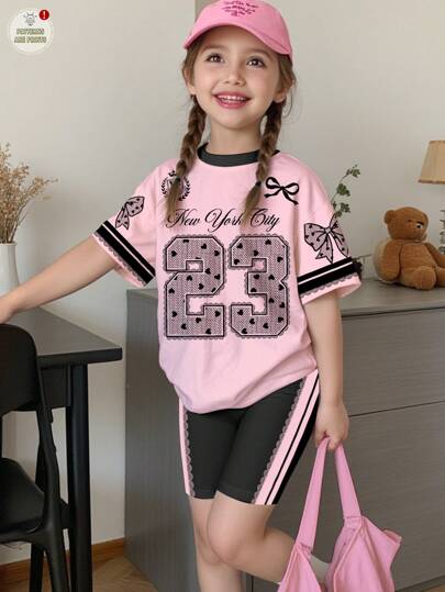 SHEIN 2pcs/Set Girl's Casual Lace Bow Decor Numeric 23 Print Short Sleeve Top And Shorts Set, Pink, Summer Outfit