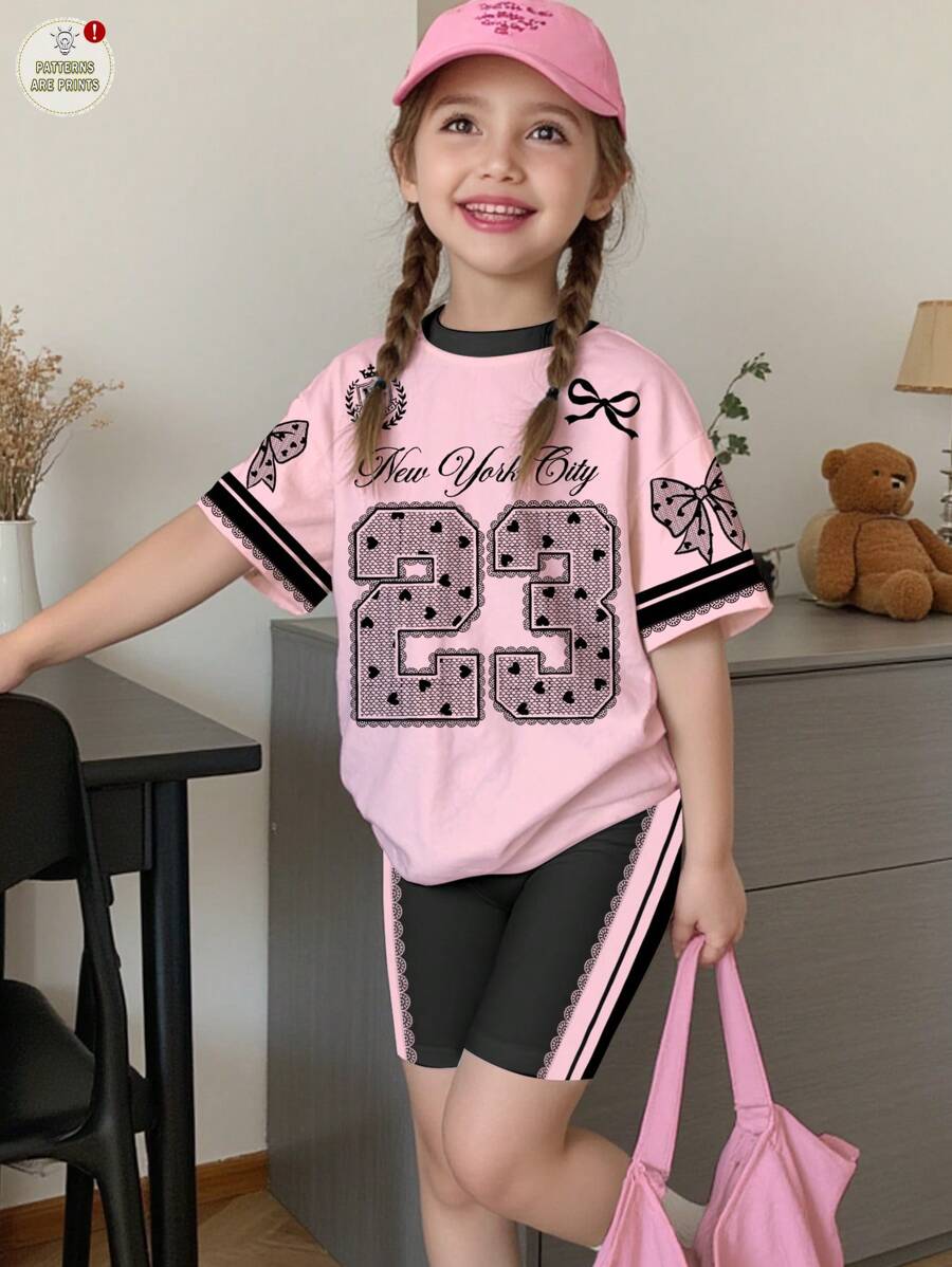 SHEIN 2pcs/Set Girl's Casual Lace Bow Decor Numeric 23 Print Short Sleeve Top And Shorts Set, Pink, Summer Outfit - Multicolor - View 1