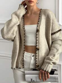 EURMUSE Áo len cardigan nữ chất lượng cao chải kỹ viền tương phản ấm áp và thoải mái - Màu be - Xem 7