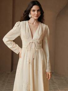 Anewsta Embroidered Floral Beaded V-Neck Long Sleeve Elegant Modern Women Dress, Spring/Summer - Apricot - View 7