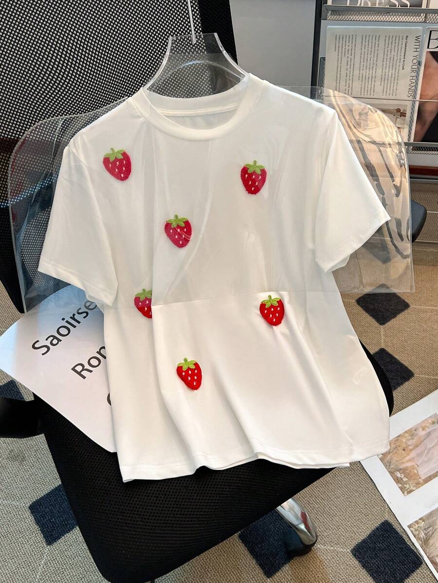 Chiquease New Fashionable T-Shirt For Women, Sweet And Youthful Look With Embroidered Strawberry Patches, Versatile And Slimming Regular Fit, Short Sleeve - White - View 1