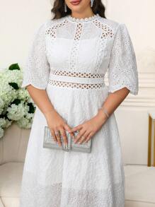 SHEIN Clasi Elegantes Kleid mit Stickerei und Kurzarm in Große Größen für Damen - Weiss - Übersicht 2