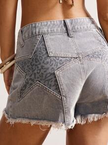 Bohemela 女式豹纹流苏下摆休闲梭织牛仔短裤 - 灰色 - 查看 4