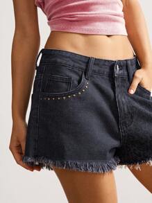 Bohemela 织边串珠口袋牛仔水洗破洞短裤 - 黑色 - 查看 4