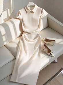 SHEIN Clasi Plus Size Women 2-Piece Set, Satin Woven Solid Color Collared Short Sleeve Top And Long Elastic Waist Skirt, High-End Elegant Romantic Style - Apricot - View 1