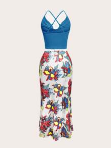 Flirla 加大码 2 件套春夏圆领吊带背心和花卉印花网眼高低裙，适合度假、海滩、日常穿着 - 彩色 - 查看 2