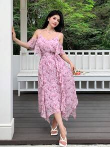 Modelyn Women's Summer Chiffon Pink Floral Dress,Elegant Ruffle Off Shoulder Strap Wedding Guest Dress,Holiday Tea Party Summer Outfits Graduation Dress - Dusty Pink - View 6