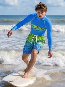 SHEIN 2 件套青少年男童电子游戏图案印花泳衣（含沙滩短裤）夏季沙滩装 - 彩色 - 查看 4