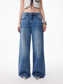 LYSMO Women Casual Acid Wash Rhinestone Decor Low Rise Flare Jeans - Blue - View 4