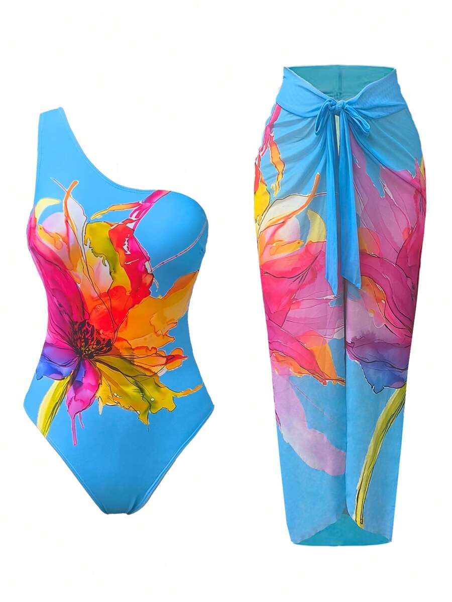 Swim Oasis 女士夏季度假沙滩花卉印花连体泳衣（含纱笼裙） - 彩色 - 查看 1