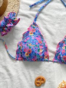 Swim Mod 女士夏季碎花荷叶边挂脖比基尼套装（含头带） - 彩色 - 查看 3