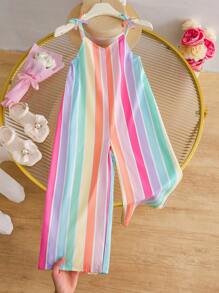 Toddler Girls' Holiday Style Woven Colorful Striped Digital Floral Print Spaghetti Strap Jumpsuit With Bow Decor, Suitable For Daily Wear, Outings, Beach Vacations, Family Gatherings Summer Holiday - Multicolor - View 1