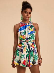 Travachic Women's Palm Tree Print Cutout Waist Sleeveless Jumpsuit, For Vacation,Vacation,Summer,Summer Outfits For Women,Holiday Outfits - Green - View 1