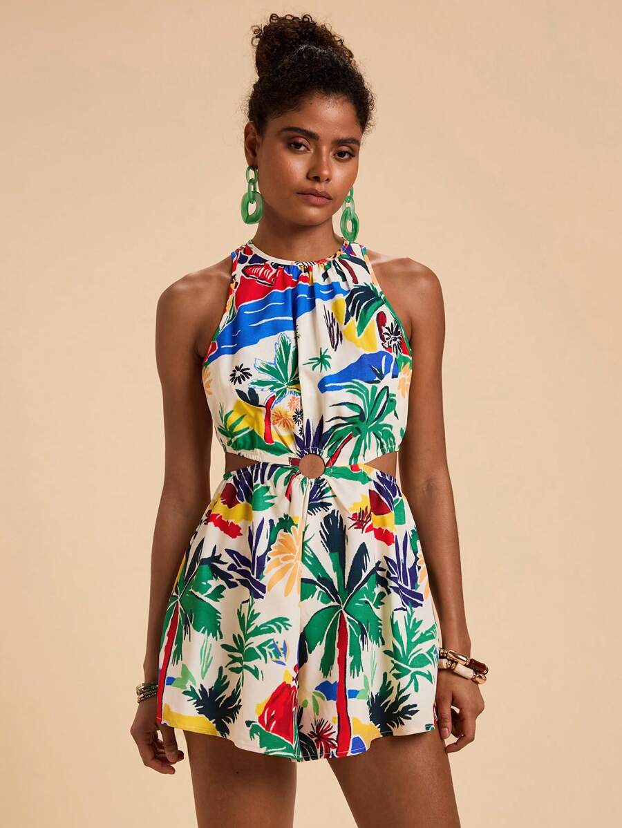 Travachic Women's Palm Tree Print Cutout Waist Sleeveless Jumpsuit, For Vacation,Vacation,Summer,Summer Outfits For Women,Holiday Outfits - Green - View 1