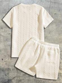 AXEPEAK 男士两件套针织休闲字母拼接夏季套装，街头风，舒适穿搭，情侣装 - 杏色 - 查看 2