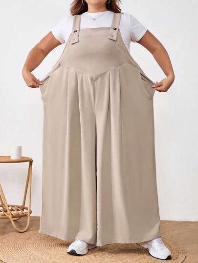 SHEIN CURVE+ CURVE Plus Size Women's Spring And Summer Fashion Casual Loose Comfortable Daily Khaki Suspenders Wide-Leg Pants Jumpsuit,Summer Outfits For Women,Beach Vacation,Spring Clothesbeach Outfits For Woman/Beach Dress/Beach Vacation Outfits/Beach Essentials / Graduation/Tea Party Dresssummer/Country/Beach Vacation Outfits/Beach Outfits/Beach Wear