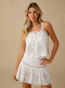 Enchnt 春夏浪漫女式白色花卉刺绣前系带单排扣蕾丝拼接吊带背心，休闲舒适，适合生日、节日派对、甜蜜约会、日常通勤、度假、婚礼季节必备、夏季百搭、音乐会