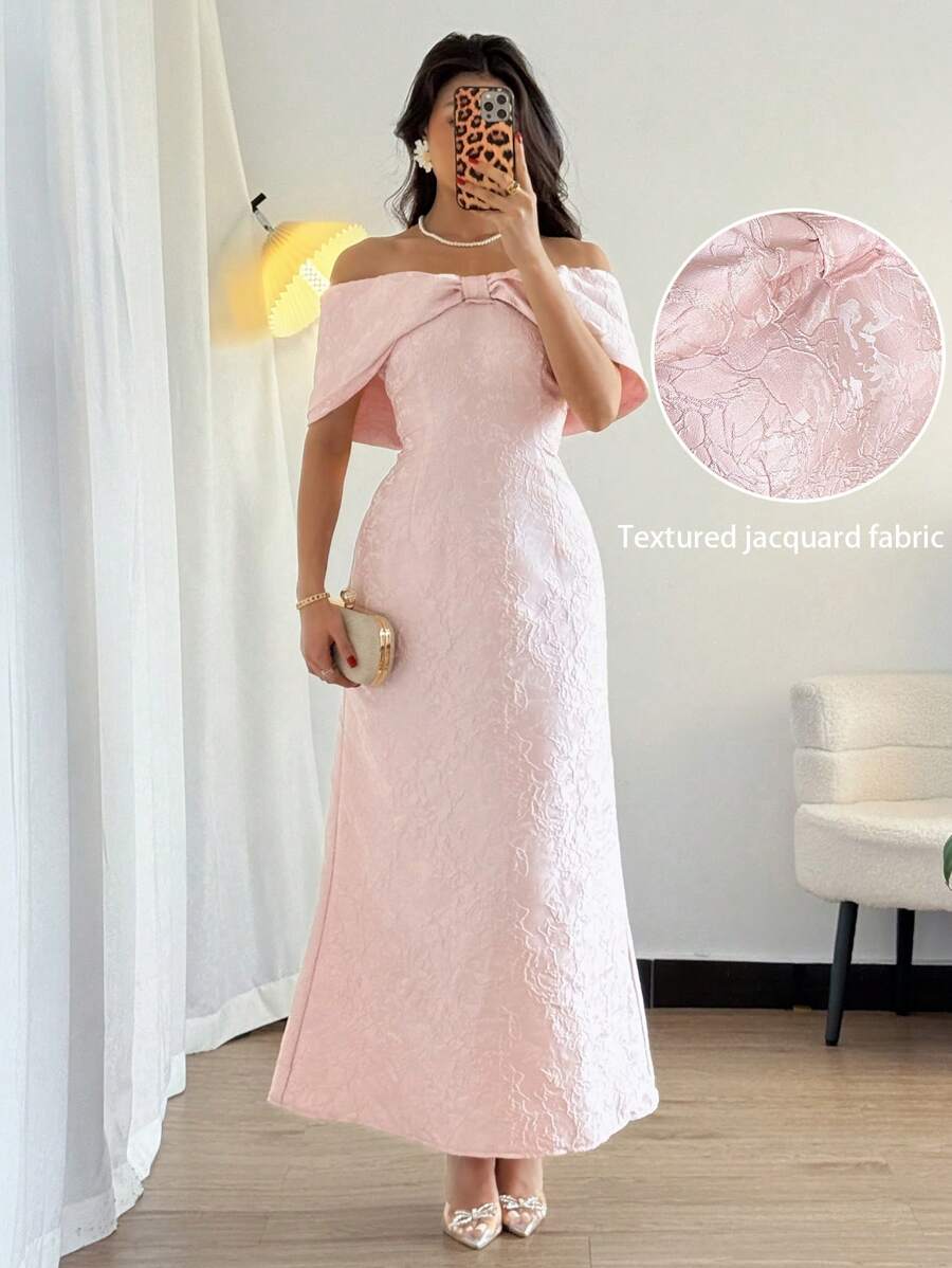 Rafferiza 时尚优雅节日宴会单肩蝴蝶结收腰包臀缎面亮粉色提花女装春夏长款连衣裙名媛派对礼服 - 粉色 - 查看 1