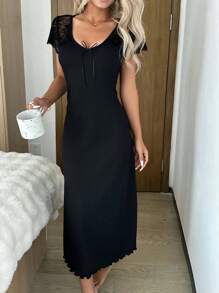 SHEIN Váy ngủ dài dệt kim đan lưới chắp vá ren cho nữ - màu đen - Xem 3