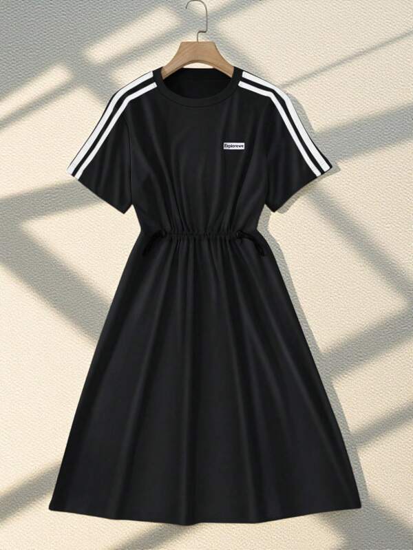 SHEIN Explorewe 1pc Khaki & Navy Patchwork Dress, Fashionable Casual Dress For Teenage Girls
