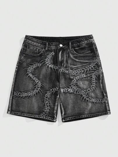 ROMWE MEN Street Life Men's Centipede Print Baggy Embroidery Denim Shorts