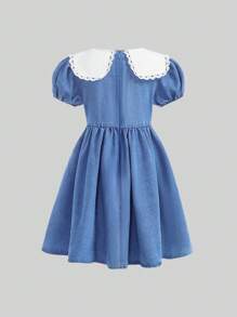 SHEIN Vestido de muñeca con mangas abullonadas y bordado floral de denim