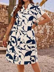 EMERY ROSE Vestido informal de verano con estampado geométrico y manga corta para mujer talla grande