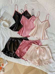 LuxeNights 3pcs Contrast Color Ruffle Trim Faux Silk Pajama Set - Multicolor - View 2