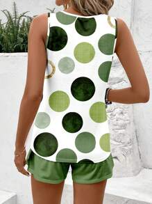 SHEIN LUNE Conjunto de 2 piezas: Top de cuello redondo sin mangas a contraste con puntos y Camiseta de manga corta, apropiado para el verano