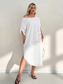 SHEIN Essnce Plus Size Solid Color Round Neck Minimalist Dress, Fashionable For Summer - White - View 3