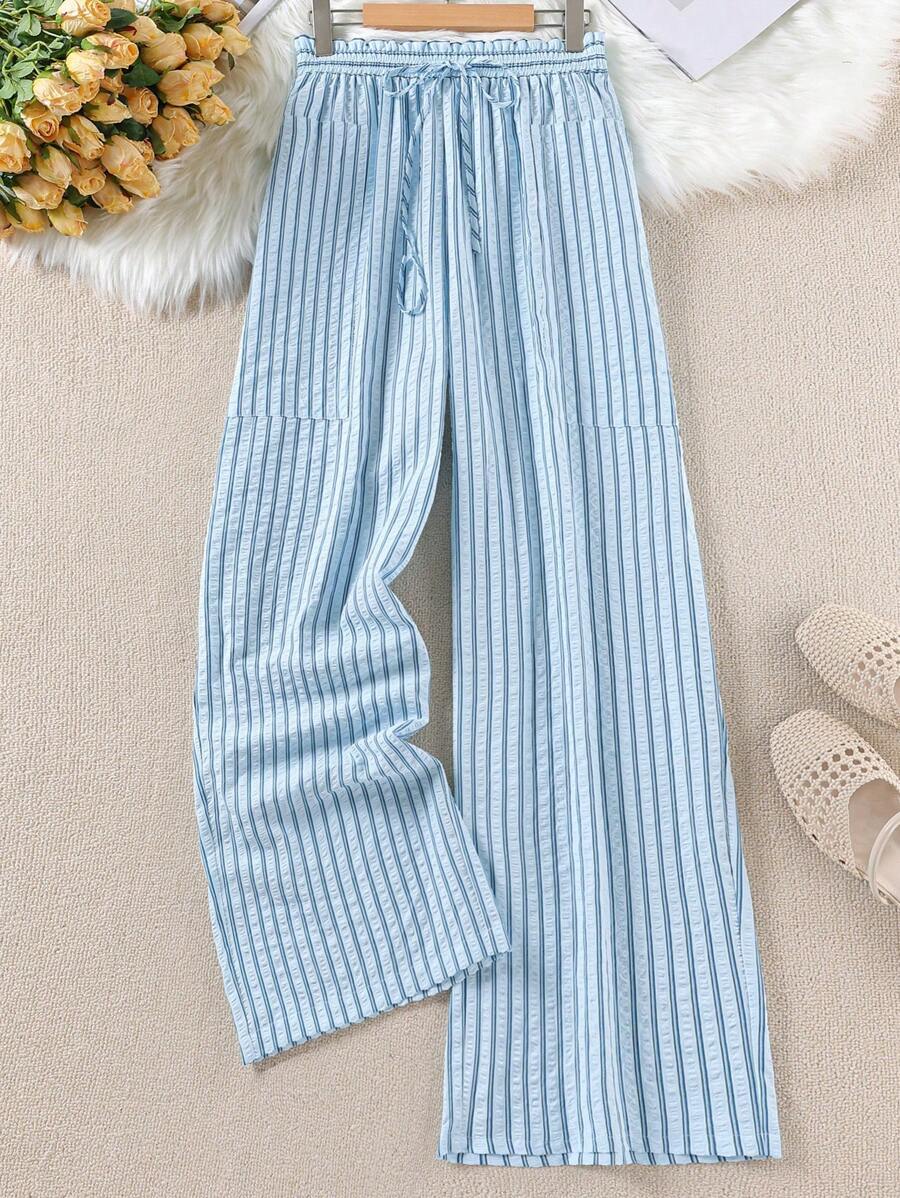 SHEIN LUNE Plus Size Women Frill Waist Tie Striped Wide Leg Pants - Baby Blue - View 1