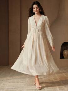 Anewsta Embroidered Floral Beaded V-Neck Long Sleeve Elegant Modern Women Dress, Spring/Summer - Apricot - View 5