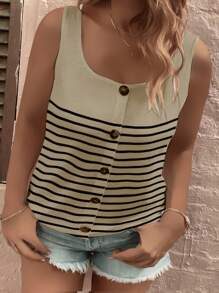 SHEIN Top de tirantes a rayas de moda para mujer talla grande, cuello redondo, con botones, casual y versátil - Caqui - Ver 3