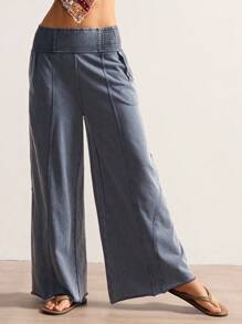 Bohemela Women's Casual Solid Color Knit Loose Wide Leg Washed Pants,Fall Women Clothes