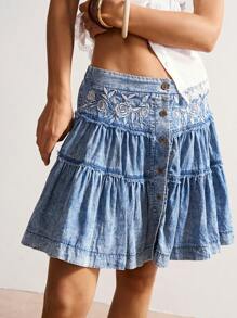 Bohemela Boho Vintage Country Style Rose Embroidered Woven Denim A-Line Skirt For Women Blue Jean Skirt Denim Skirt