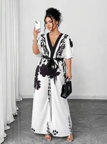 Elenzga 大码女式黑色杏色印花喇叭袖口腰带连体裤 - 彩色 - 查看 1