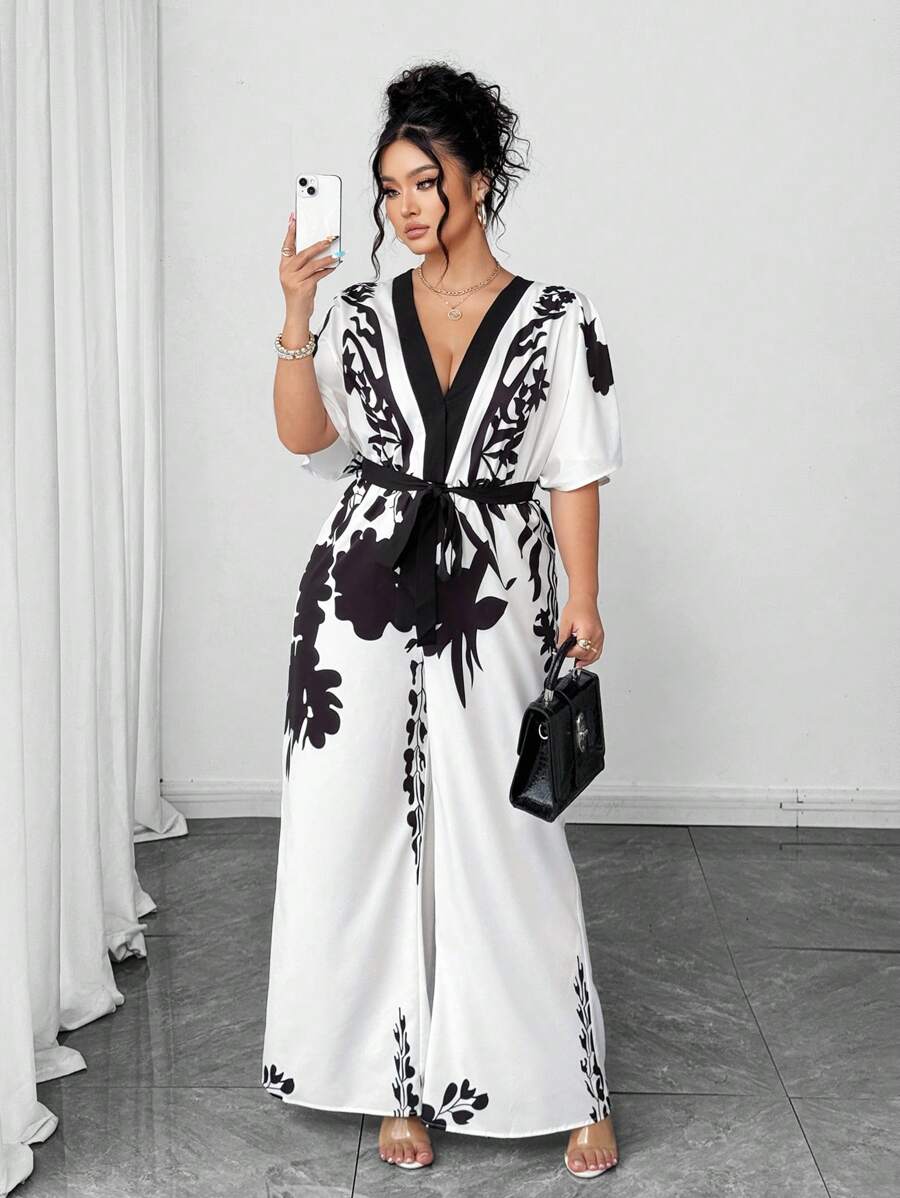 Elenzga 大码女式黑色杏色印花喇叭袖口腰带连体裤 - 彩色 - 查看 1