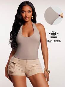 SHEIN SXY Women's Sexy Solid Color Backless Halter Top, Summer - Khaki - View 1