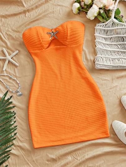 Firerie 女士优雅浪漫时尚性感通勤连衣裙，适合派对、度假、浪漫约会、婚礼、生日、海星装饰、纹理褶皱迷你紧身连衣裙