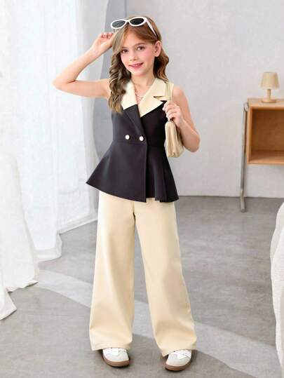 Tween Girls 2pcs Set - Sleeveless Vest + Office Pants, Elegant For School & Outdoor Activities