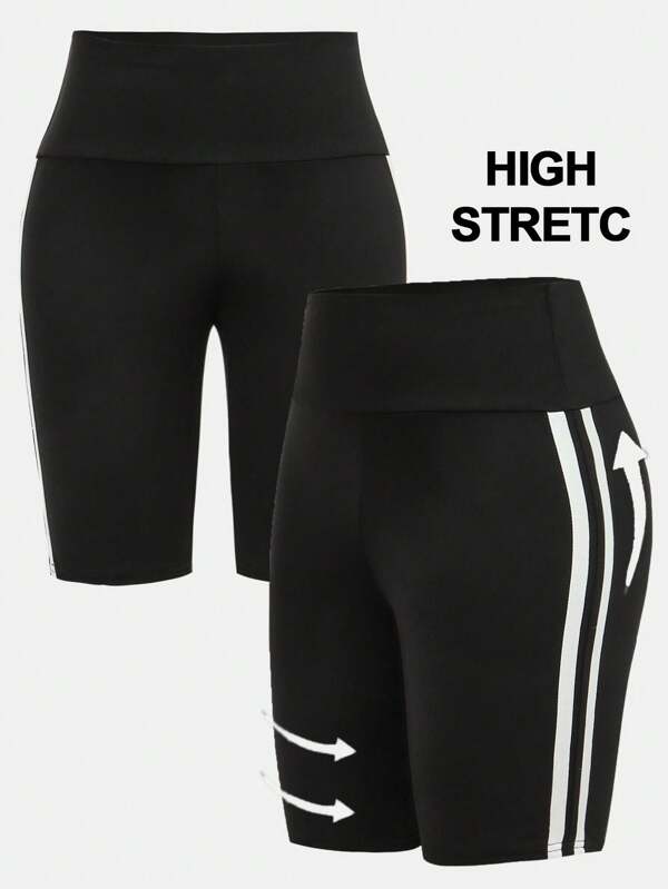 SHEIN Girlism Teenager Mädchen Radlerhose mit hoher Taille, elastischem Bund und gestreiftem Akzent, Fahrradhose, Sporthose