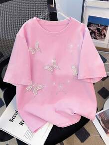 SHEIN Rhinestone & Studded Butterfly Decor Relaxed Fit Round Neck T-Shirt For Women - Pink - View 3