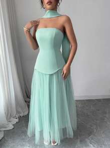 Elenzga Women's Elegant Summer French Style Strapless Ruffled Tie Back Maxi Dress - Green - View 5