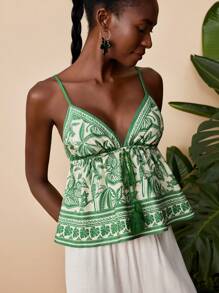 Travachic Khaki Green Position Print Top,Women's Vacation Casual Tropical Print Cami Top,Summer,Beachwear,Spring And Summer,Easter,Beach,Spring Break,Vacation,Concert Women,BOHO,Bohemia,Music Festival,Tropical Vacation Woman,4th Of July,Holiday - Green - View 6